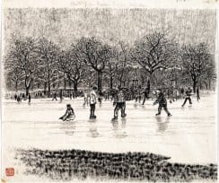 Chiang Yee (1903–1977), Skating in Boston Public Garden, ca. 1953. Brush and ink over graphite. Boston Athenaeum, purchased from the artist, 1959.